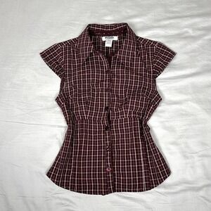 RSQ maroon plaid fitted short sleeve tie back blouse top